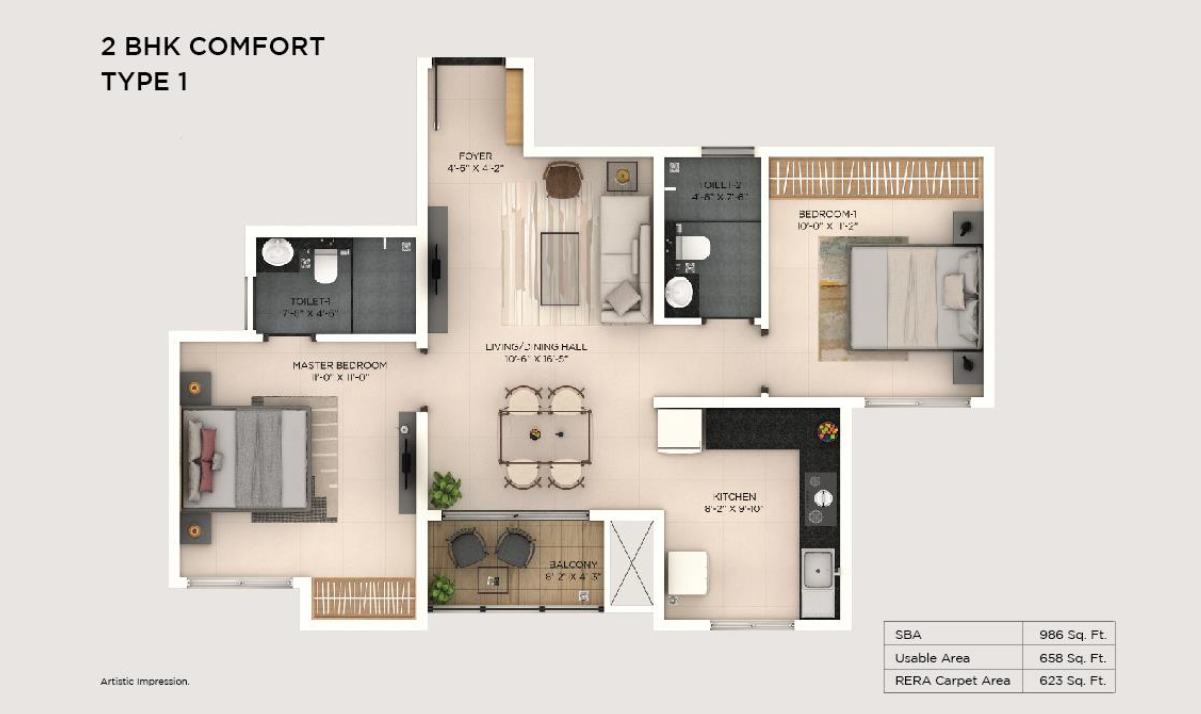 Provident Botanico 2 BHK Floor Plan