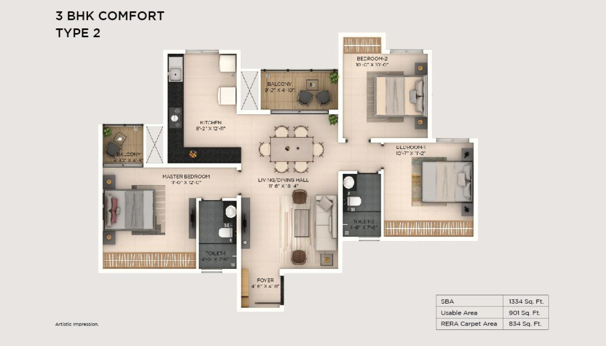 Provident Botanico 3 BHK Floor Plan