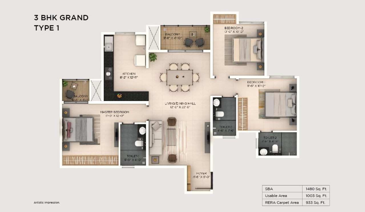 Provident Botanico 3 BHK Floor Plan