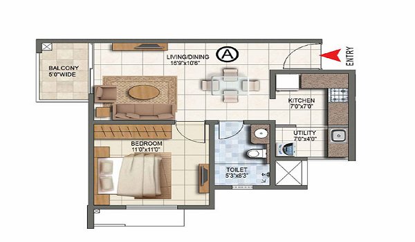 Provident Botanico 1 BHK Apartment Floor Plan