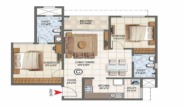 Provident Botanico 2 BHK Apartment Floor Plan